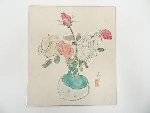 青柳秀夫筆　薔薇図　肉筆色紙